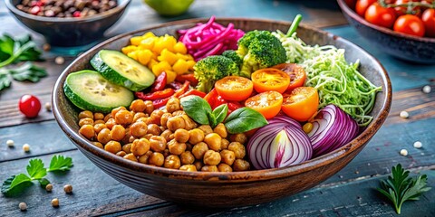 Wall Mural - Vibrant vegan Buddha bowl filled with roasted chickpeas, vegetables, and grains