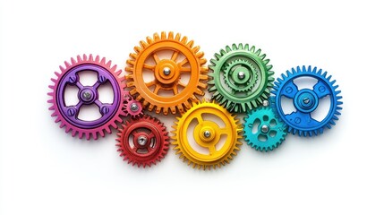 Mechanical system featuring interconnected gears in vibrant rainbow colors, isolated on a white background