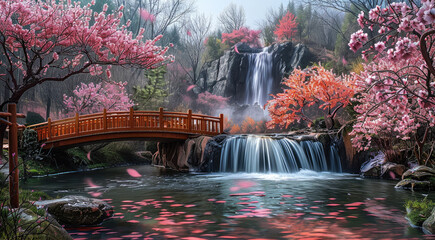 Wall Mural - A peaceful waterfall in a Japanese garden, with a wooden bridge and cherry blossoms. Generative AI.