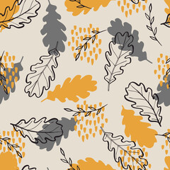 Wall Mural - Autumn yellow seamless pattern with oak leaf and dots. Hand drawn flat style. Perfect for textile and wrapping