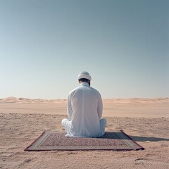 Qatari man praying in a serene desert setting with a prayer mat and clear sky.