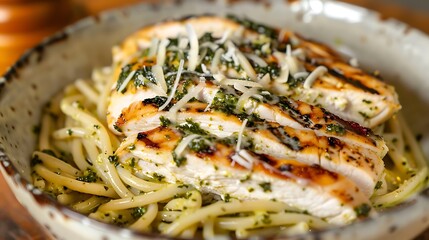 Wall Mural - Grilled chicken slices and mozzarella cheese are atop creamy spaghetti in chicken pesto noodles