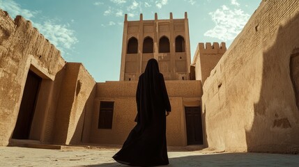 Saudi Arabian woman in traditional dress standing in front of a historical building in Diriyah. -