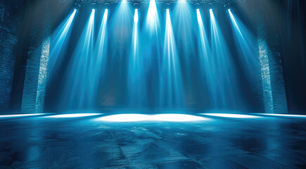 Poster - Stage lights backdrop with soft blue tones providing a calming and tranquil performance environment. Generative AI.