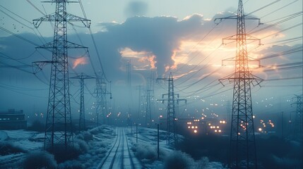 Poster - High voltage electric pole, Electricity transmission towers and power lines of city. Generative AI.