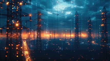Poster - High voltage electric pole, Electricity transmission towers and power lines of city. Generative AI.