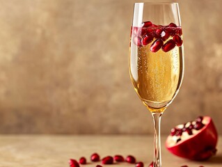 Wall Mural - A Glass of Champagne with Pomegranate Seeds, Space for Text