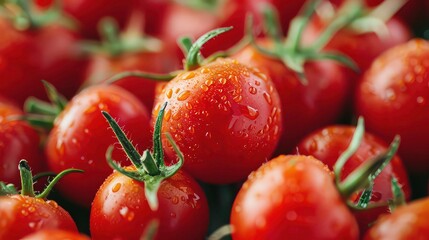 Wall Mural - Close-up of fresh, ripe red tomatoes with water droplets.