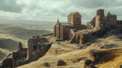 Wall Mural - The historic ruins of Ani, with ancient churches and walls set against a dramatic landscape.