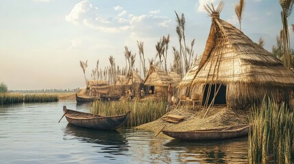 Wall Mural - The Marsh Arabs' reed houses in the Mesopotamian Marshes, with boats docked nearby