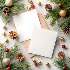 Flat lay mockup with two white cards nestled among festive Christmas decor. featuring pine branches. ornaments. and pinecones.