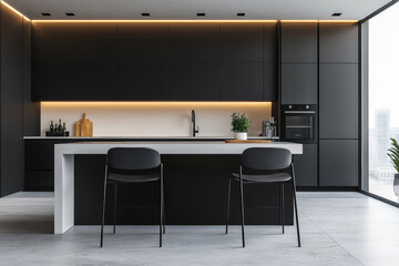 Modern kitchen with black cabinets, white countertop, and island table with two chairs, highlighted by bright lighting and sleek contemporary appliances.