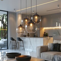 Wall Mural - Smoked glass crystal pendant light, modern interior design, living room with kitchen. Generative AI.