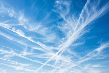 Blue sky with condensation trails from airplanes