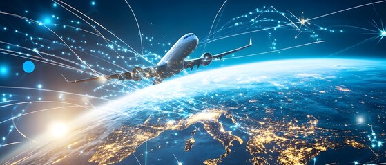 Canvas Print - Airplane Flying Above Earth With Digital Lines Connecting Cities.