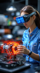 Poster - A woman is working on a machine with a red circle on it. She is wearing a blue shirt and a pair of glasses
