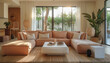 © visoot - A living room in a warm climate, warm earthy rose tones, fibers, and lightweight fabrics to create a cool, airy atmosphere. the furniture layout minimal. Generative AI.