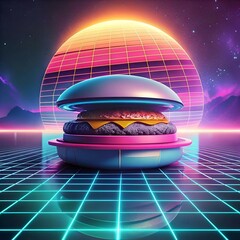 A futuristic 3D illustration of a hamburger set against a vibrant 80s retro backdrop.