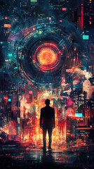 Poster - A man stands in front of a glowing circle. The man is alone and the circle is surrounded by a cityscape. The image has a futuristic and mysterious vibe