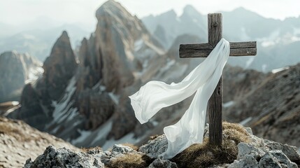 White satin scarf tied around a weathered wooden cross on a windswept mountain peak, with jagged rocky peaks in the background.