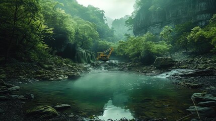 Poster - Intense jade extraction deep within verdant forests sharp tools uncovering rich green stones with modern machinery. Generative AI.