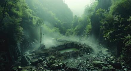 Poster - Intense jade extraction deep within verdant forests sharp tools uncovering rich green stones with modern machinery. Generative AI.