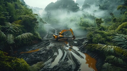 Poster - Intense jade extraction deep within verdant forests sharp tools uncovering rich green stones with modern machinery. Generative AI.