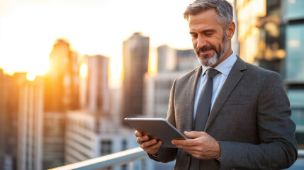 Poster - A man in a suit and tie is looking at a tablet while standing on a rooftop. Concept of modernity and technology, as the man is using a tablet to access information or communicate