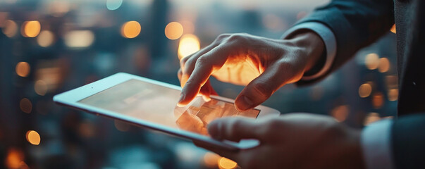 Poster - A man is using a tablet to type on a screen. Concept of productivity and focus, as the man is engaged in a task on his device. The tablet is positioned in front of him