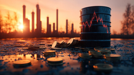 Poster - a barrel of oil is surrounded by a pile of coins and a graph showing a decline in the price of oil