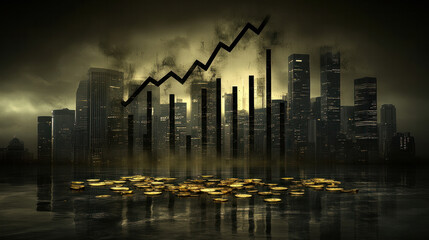 Poster - A city skyline with a graph showing a downward trend. Scene is bleak and ominous, as the graph suggests a decline in the city's economy or population