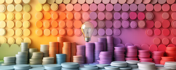 Poster - A colorful wall with a light bulb on top and a pile of coins below it. The light bulb represents an idea or a thought, while the coins symbolize wealth or abundance