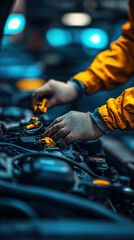 Poster - A mechanic is working on a car engine, wearing a yellow jacket. Concept of focus and determination as the mechanic carefully inspects the engine. The blue background adds a sense of depth