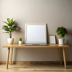 Modern and minimal home office mockup with a blank frame. laptop. and potted plants on a wooden table.