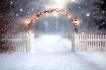 white wooden gate, falling snow, winter theme backdrop photography