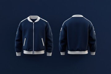 A navy blue bomber jacket displayed from front and back views.