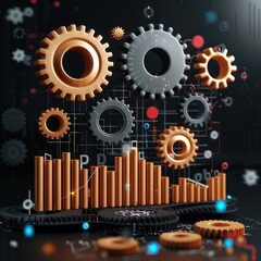 Aufkleber - 3D clay style composition of gears and data chart floating in the air on dark background. Generative AI.