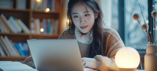 Poster - A Chinese female student is studying and taking notes on a study desk. There is a laptop playing a study tutorial on the desk. Generative AI.
