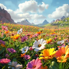 flowers in a field with mountains in the background