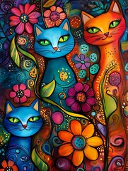 painting of three cats with flowers and leaves in a colorful background