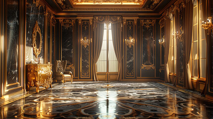 Wall Mural - Golden and black elegant room. Generative AI.