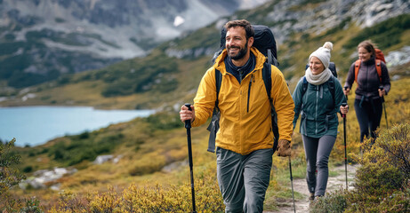 Wall Mural - A group of friends hiking in the mountains, enjoying nature and each other's company while wearing backpacks and holding poles