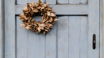 Wall Mural - Dried Leaf Wreath on Rustic Blue Door - Perfect for Fall Decor