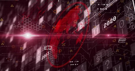 Poster - Digital data and futuristic technology animation with numbers and hexagons on red background