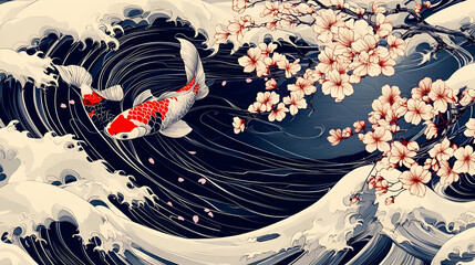 Wall Mural - Koi Fish and Cherry Blossoms in Japanese Wave Design