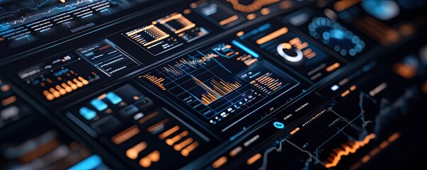 Futuristic data dashboard displaying graphs and charts in blue and orange tones, ideal for technology or finance projects.