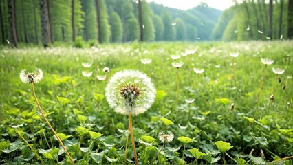 Wall Mural - Dandelion Field at Sunset. A breathtaking landscape of a vast field filled with dandelions, bathed in the golden light of the setting sun. 1