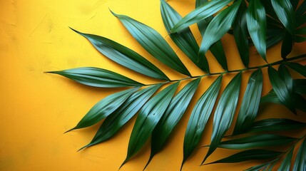 Wall Mural - Bright yellow painted wall framed with green tropical palm leaves, sunlight with shadows patterns, summer background.