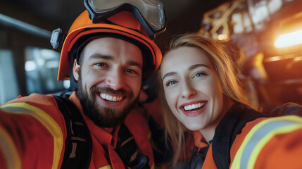 Happy firefighting woman and man taking a selfie photo with smiling joyful expressions cheerful firefighters, young fireman, firewoman in uniform taking a picture at the fire station, fire rescue team