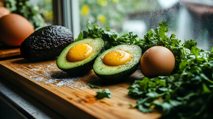 Wall Mural - Baked Eggs in Avocado Halves with Parsley and Salt